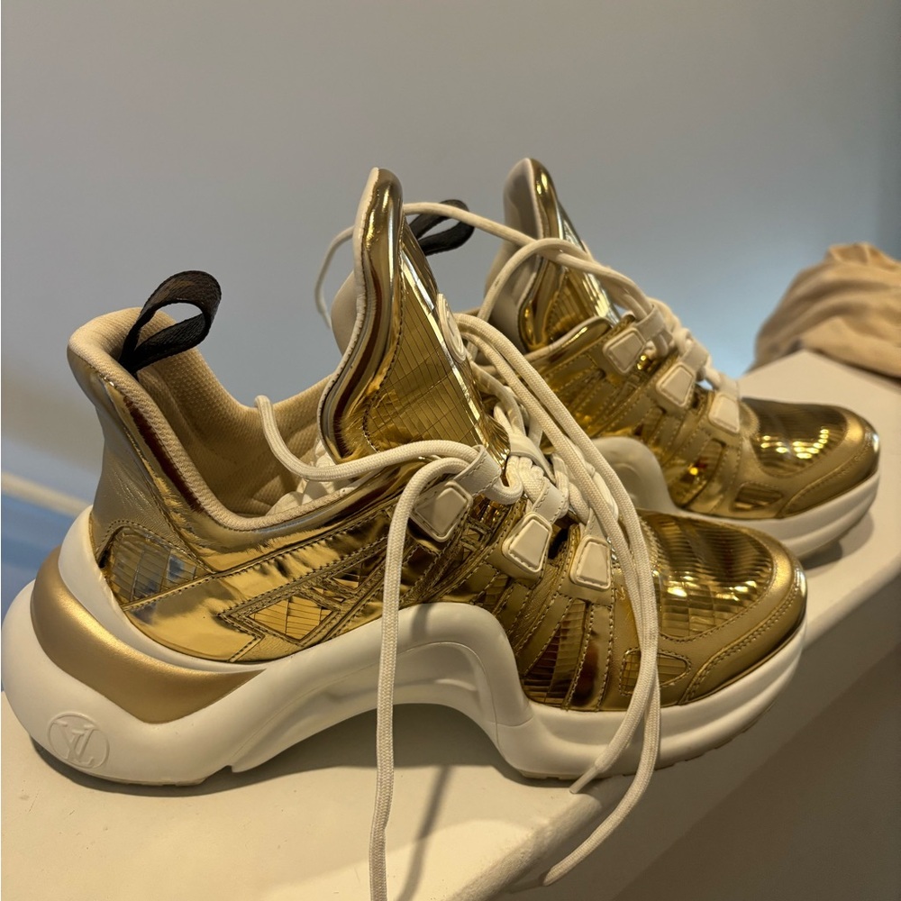 Louis Vuitton Gold White Fashion Sneakers with Chunky Sole